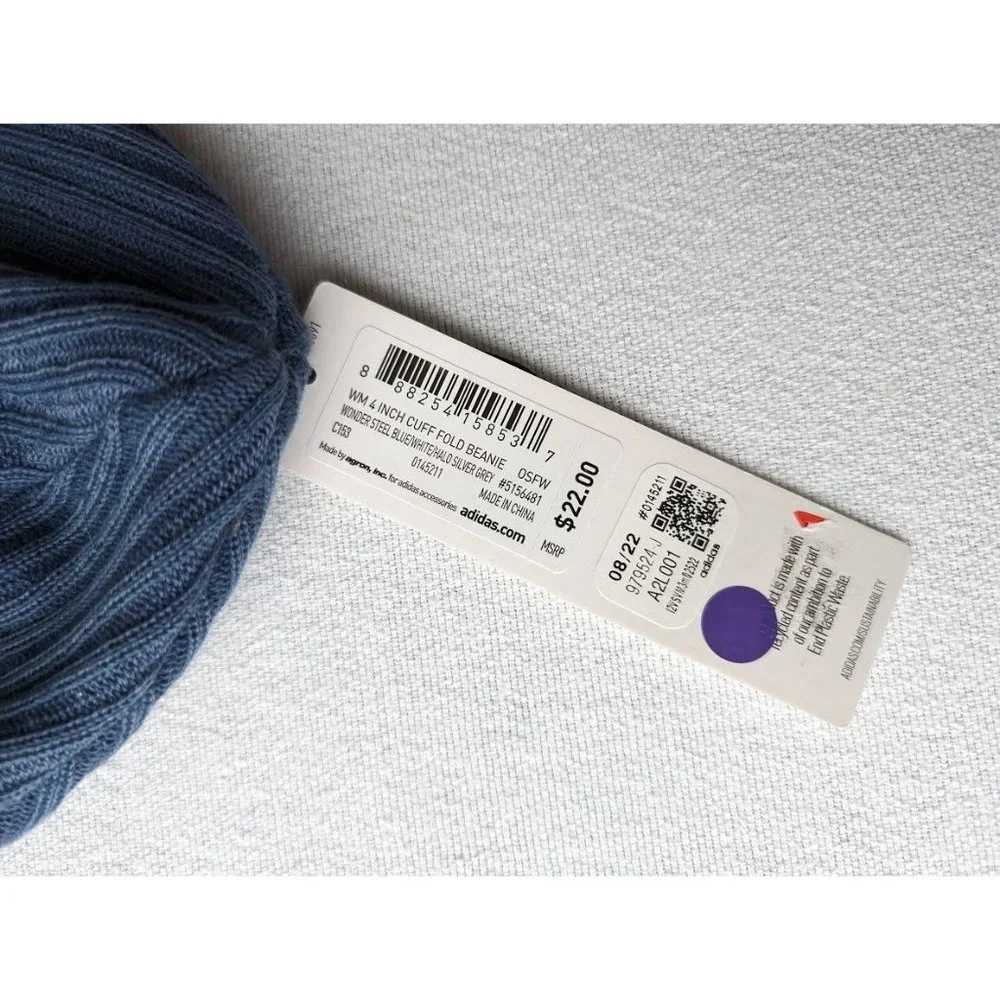 adidas Beanie Hat One Size 4 Inch Cuff Fold Knit Ribbed Blue Winter Toboggan NEW